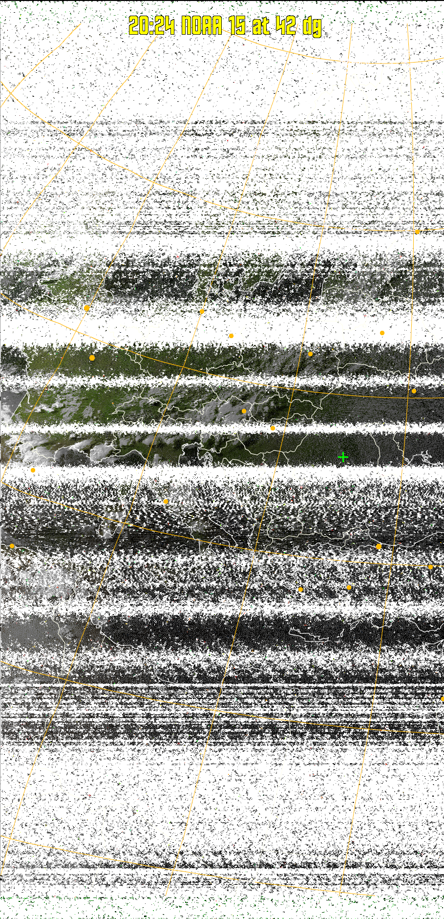 MSA-precip:
Same as MSA multispectral analysis, but high cold cloud tops are coloured the
same as the NO enhancement to give an approximate indication of the probability
and intensity of precipitation.
