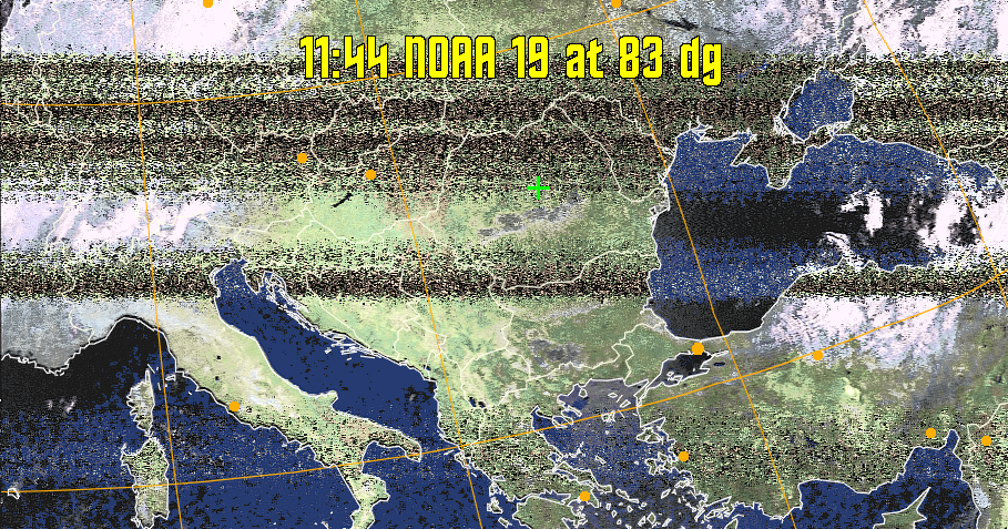 HVCT:
Similar to HVC, but with blue water and with colours more indicative of
land temperatures.
HVC:
Creates a false colour image from NOAA APT images based on temperature using
the HVC colour model. Uses the temperature derived from the sensor 4 image to
select the hue and the brightness from the histogram equalised other image to
select the value and chroma. The HVC colour model attempts to ensure that different colours at the same value will appear to the eye to be the same brightness
and the spacing between colours representing each degree will appear to the eye to
be similar. Bright areas are completely unsaturated in this model.