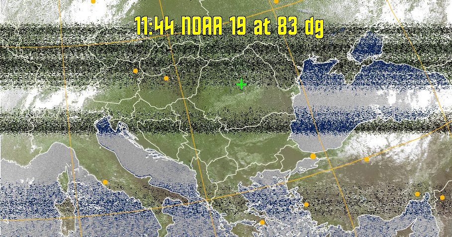 MCIR-precip: 
Colours the NOAA sensor 4 IR image using a map to colour the sea blue and land
green. High clouds appear white, lower clouds gray or land/sea coloured, clouds
generally appear lighter, but distinguishing between land/sea and low cloud may
be difficult. Darker colours indicate warmer regions.