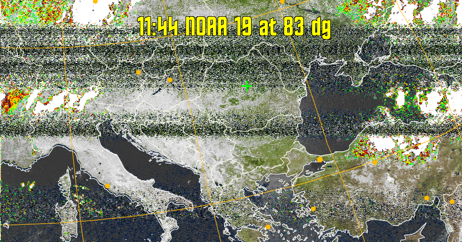 MSA-precip:
Same as MSA multispectral analysis, but high cold cloud tops are coloured the
same as the NO enhancement to give an approximate indication of the probability
and intensity of precipitation.