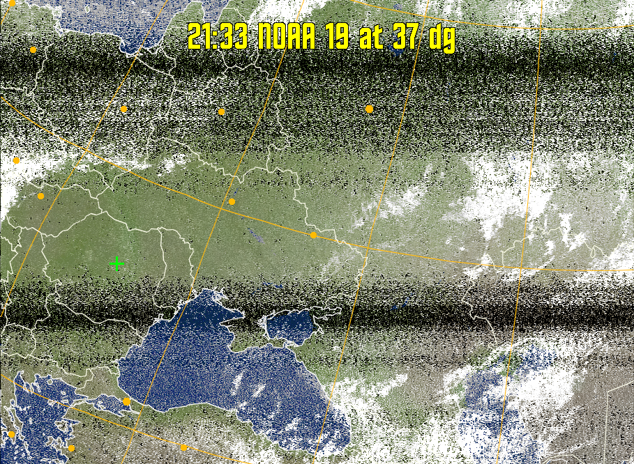 MCIR-precip: 
Colours the NOAA sensor 4 IR image using a map to colour the sea blue and land
green. High clouds appear white, lower clouds gray or land/sea coloured, clouds
generally appear lighter, but distinguishing between land/sea and low cloud may
be difficult. Darker colours indicate warmer regions.