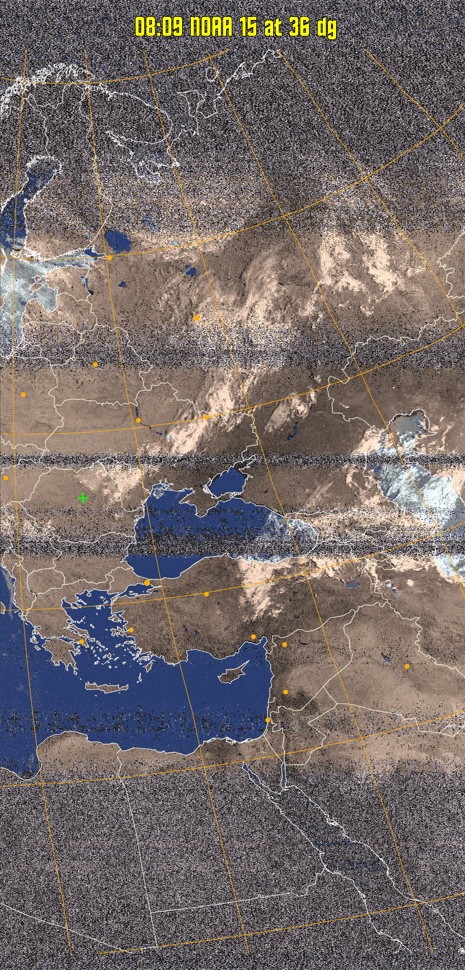 HVCT:
Similar to HVC, but with blue water and with colours more indicative of
land temperatures.
HVC:
Creates a false colour image from NOAA APT images based on temperature using
the HVC colour model. Uses the temperature derived from the sensor 4 image to
select the hue and the brightness from the histogram equalised other image to
select the value and chroma. The HVC colour model attempts to ensure that different colours at the same value will appear to the eye to be the same brightness
and the spacing between colours representing each degree will appear to the eye to
be similar. Bright areas are completely unsaturated in this model.