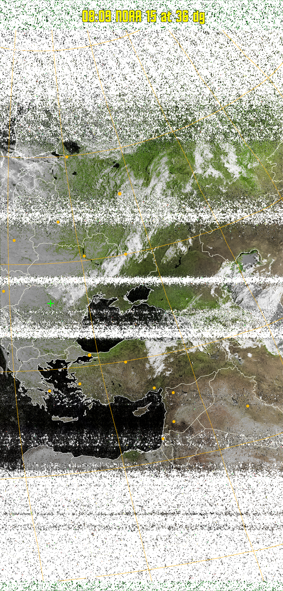 MSA-precip:
Same as MSA multispectral analysis, but high cold cloud tops are coloured the
same as the NO enhancement to give an approximate indication of the probability
and intensity of precipitation.