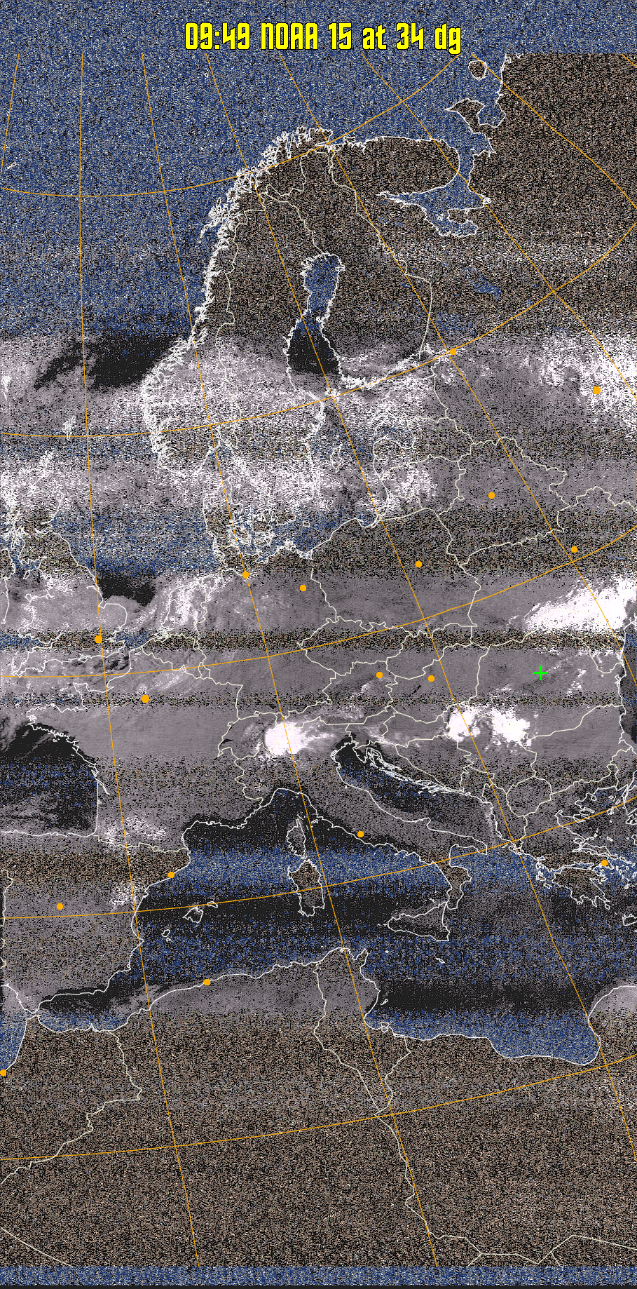 HVCT:
Similar to HVC, but with blue water and with colours more indicative of
land temperatures.
HVC:
Creates a false colour image from NOAA APT images based on temperature using
the HVC colour model. Uses the temperature derived from the sensor 4 image to
select the hue and the brightness from the histogram equalised other image to
select the value and chroma. The HVC colour model attempts to ensure that different colours at the same value will appear to the eye to be the same brightness
and the spacing between colours representing each degree will appear to the eye to
be similar. Bright areas are completely unsaturated in this model.