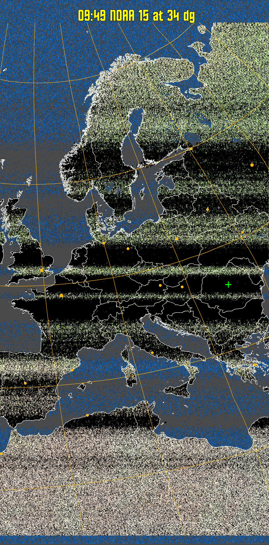 MCIR-precip: 
Colours the NOAA sensor 4 IR image using a map to colour the sea blue and land
green. High clouds appear white, lower clouds gray or land/sea coloured, clouds
generally appear lighter, but distinguishing between land/sea and low cloud may
be difficult. Darker colours indicate warmer regions.