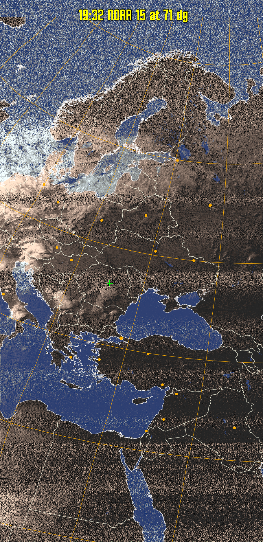 HVCT:
Similar to HVC, but with blue water and with colours more indicative of
land temperatures.
HVC:
Creates a false colour image from NOAA APT images based on temperature using
the HVC colour model. Uses the temperature derived from the sensor 4 image to
select the hue and the brightness from the histogram equalised other image to
select the value and chroma. The HVC colour model attempts to ensure that different colours at the same value will appear to the eye to be the same brightness
and the spacing between colours representing each degree will appear to the eye to
be similar. Bright areas are completely unsaturated in this model.