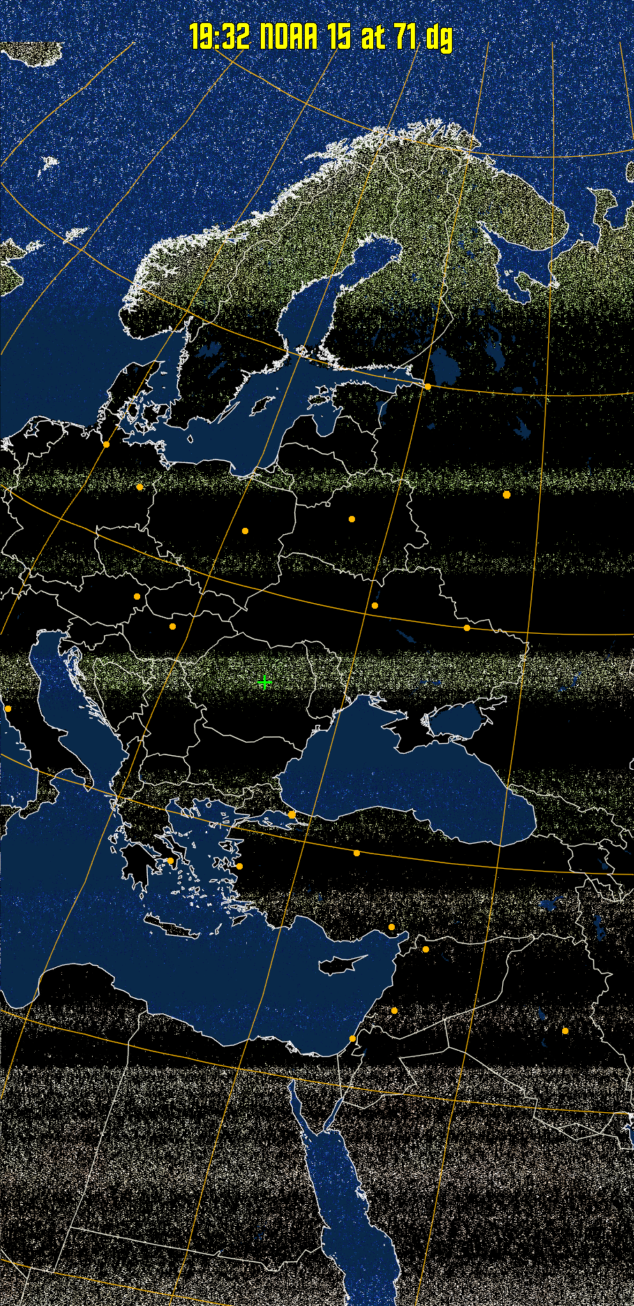 MCIR-precip: 
Colours the NOAA sensor 4 IR image using a map to colour the sea blue and land
green. High clouds appear white, lower clouds gray or land/sea coloured, clouds
generally appear lighter, but distinguishing between land/sea and low cloud may
be difficult. Darker colours indicate warmer regions.