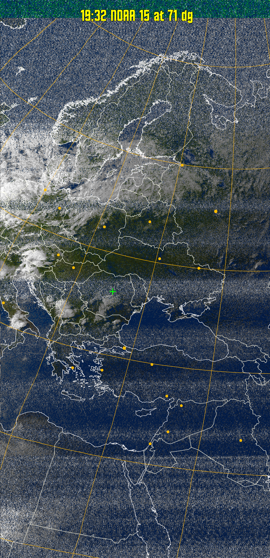 MSA-precip:
Same as MSA multispectral analysis, but high cold cloud tops are coloured the
same as the NO enhancement to give an approximate indication of the probability
and intensity of precipitation.