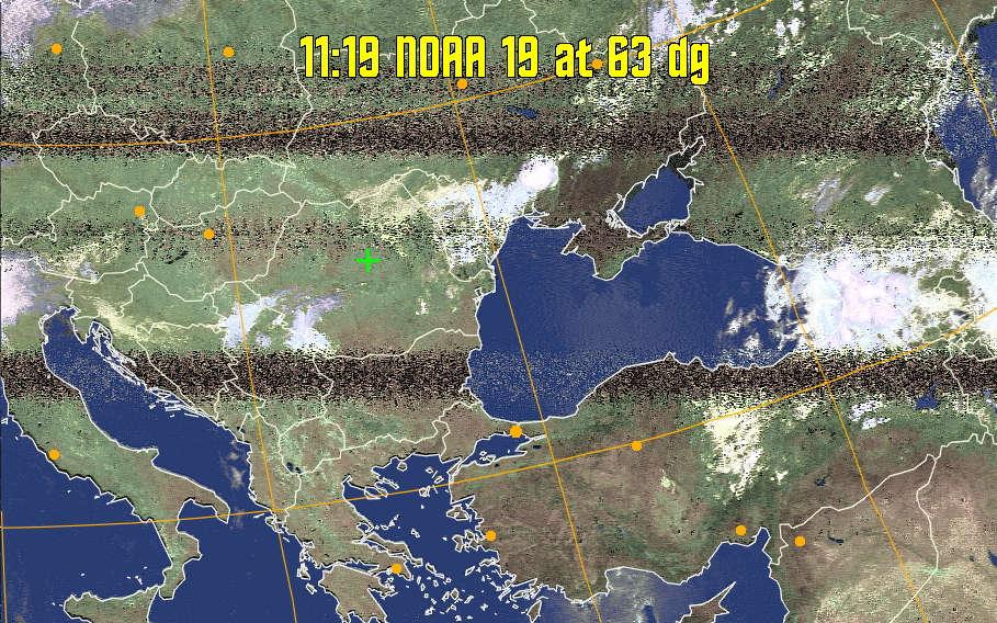 HVCT:
Similar to HVC, but with blue water and with colours more indicative of
land temperatures.
HVC:
Creates a false colour image from NOAA APT images based on temperature using
the HVC colour model. Uses the temperature derived from the sensor 4 image to
select the hue and the brightness from the histogram equalised other image to
select the value and chroma. The HVC colour model attempts to ensure that different colours at the same value will appear to the eye to be the same brightness
and the spacing between colours representing each degree will appear to the eye to
be similar. Bright areas are completely unsaturated in this model.