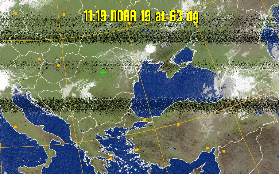 MCIR-precip: 
Colours the NOAA sensor 4 IR image using a map to colour the sea blue and land
green. High clouds appear white, lower clouds gray or land/sea coloured, clouds
generally appear lighter, but distinguishing between land/sea and low cloud may
be difficult. Darker colours indicate warmer regions.