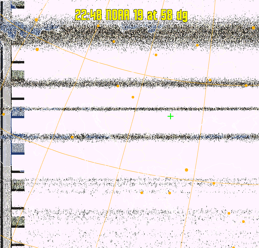 HVCT:
Similar to HVC, but with blue water and with colours more indicative of
land temperatures.
HVC:
Creates a false colour image from NOAA APT images based on temperature using
the HVC colour model. Uses the temperature derived from the sensor 4 image to
select the hue and the brightness from the histogram equalised other image to
select the value and chroma. The HVC colour model attempts to ensure that different colours at the same value will appear to the eye to be the same brightness
and the spacing between colours representing each degree will appear to the eye to
be similar. Bright areas are completely unsaturated in this model.
