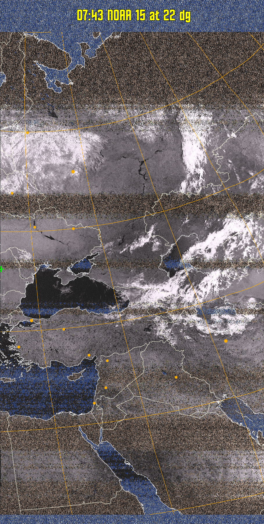 HVCT:
Similar to HVC, but with blue water and with colours more indicative of
land temperatures.
HVC:
Creates a false colour image from NOAA APT images based on temperature using
the HVC colour model. Uses the temperature derived from the sensor 4 image to
select the hue and the brightness from the histogram equalised other image to
select the value and chroma. The HVC colour model attempts to ensure that different colours at the same value will appear to the eye to be the same brightness
and the spacing between colours representing each degree will appear to the eye to
be similar. Bright areas are completely unsaturated in this model.