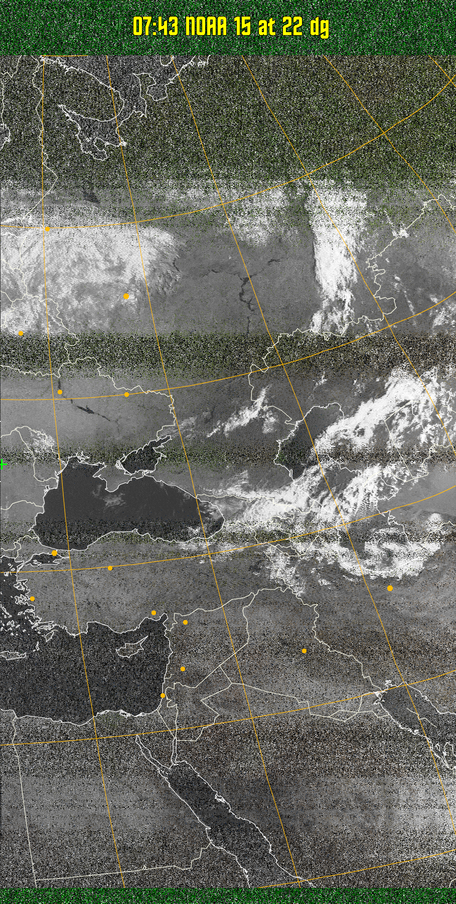 MSA-precip:
Same as MSA multispectral analysis, but high cold cloud tops are coloured the
same as the NO enhancement to give an approximate indication of the probability
and intensity of precipitation.