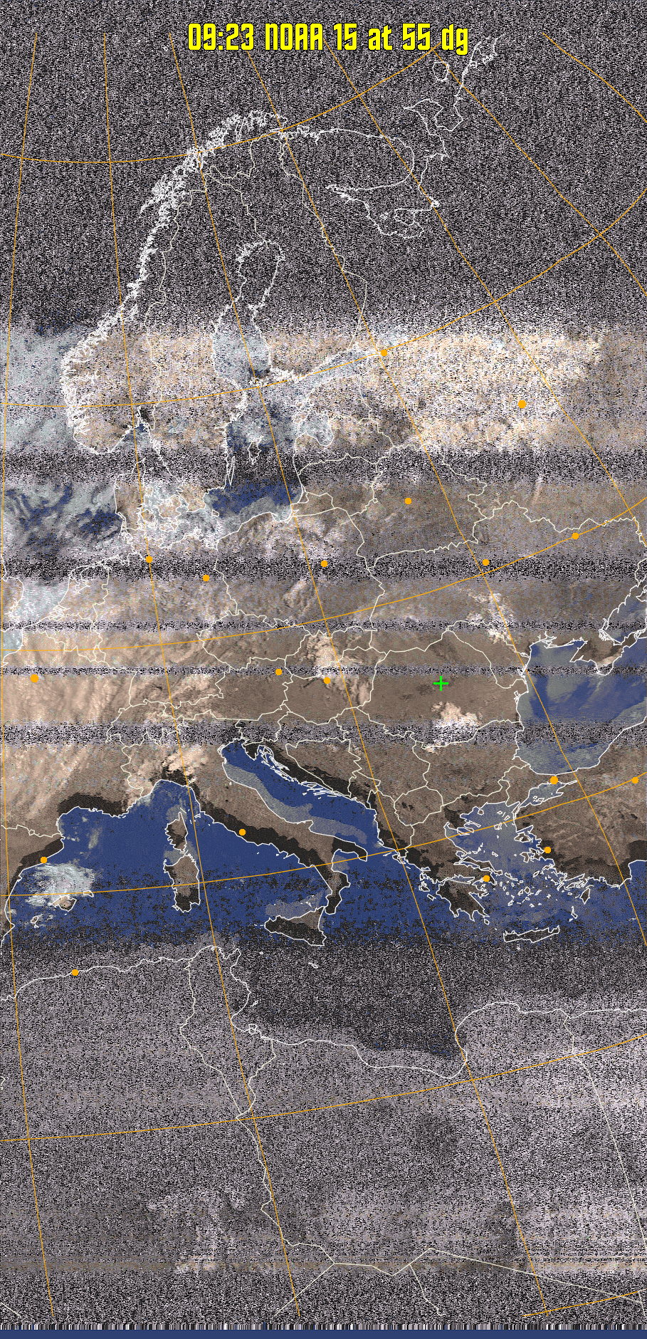 HVCT:
Similar to HVC, but with blue water and with colours more indicative of
land temperatures.
HVC:
Creates a false colour image from NOAA APT images based on temperature using
the HVC colour model. Uses the temperature derived from the sensor 4 image to
select the hue and the brightness from the histogram equalised other image to
select the value and chroma. The HVC colour model attempts to ensure that different colours at the same value will appear to the eye to be the same brightness
and the spacing between colours representing each degree will appear to the eye to
be similar. Bright areas are completely unsaturated in this model.