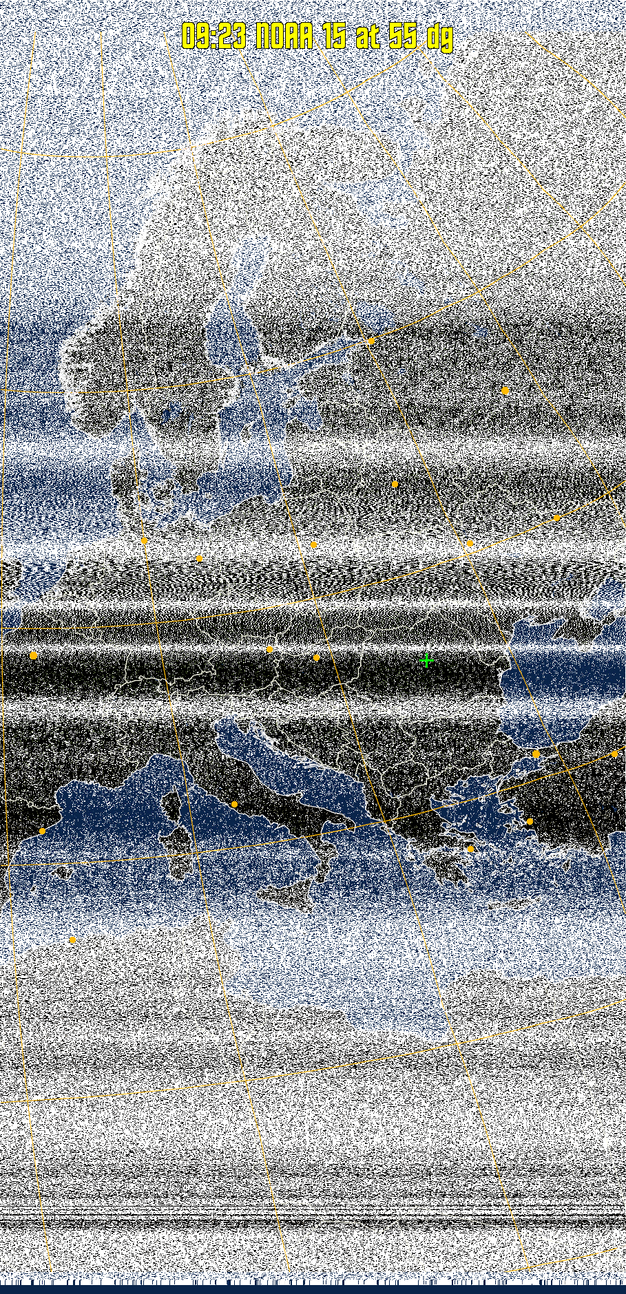 MCIR-precip: 
Colours the NOAA sensor 4 IR image using a map to colour the sea blue and land
green. High clouds appear white, lower clouds gray or land/sea coloured, clouds
generally appear lighter, but distinguishing between land/sea and low cloud may
be difficult. Darker colours indicate warmer regions.