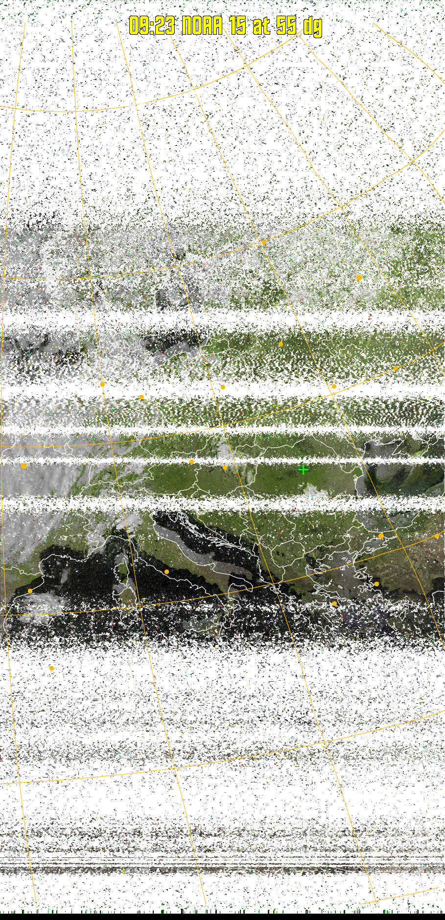MSA-precip:
Same as MSA multispectral analysis, but high cold cloud tops are coloured the
same as the NO enhancement to give an approximate indication of the probability
and intensity of precipitation.