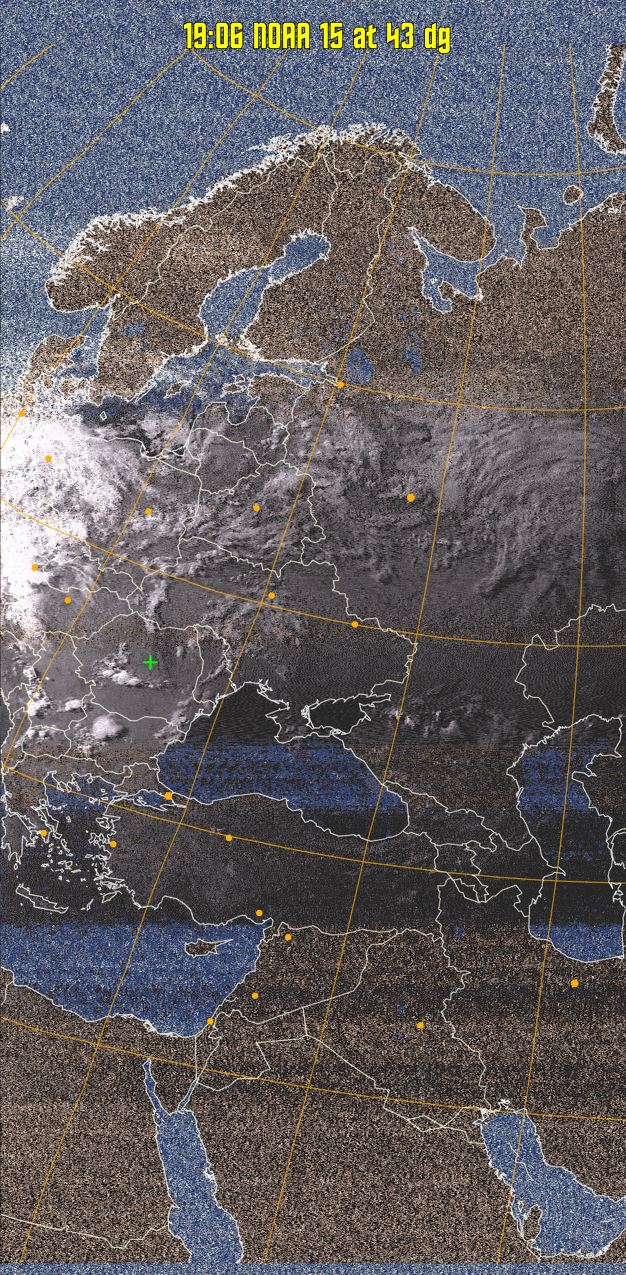 HVCT:
Similar to HVC, but with blue water and with colours more indicative of
land temperatures.
HVC:
Creates a false colour image from NOAA APT images based on temperature using
the HVC colour model. Uses the temperature derived from the sensor 4 image to
select the hue and the brightness from the histogram equalised other image to
select the value and chroma. The HVC colour model attempts to ensure that different colours at the same value will appear to the eye to be the same brightness
and the spacing between colours representing each degree will appear to the eye to
be similar. Bright areas are completely unsaturated in this model.