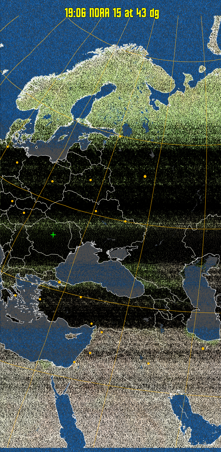 MCIR-precip: 
Colours the NOAA sensor 4 IR image using a map to colour the sea blue and land
green. High clouds appear white, lower clouds gray or land/sea coloured, clouds
generally appear lighter, but distinguishing between land/sea and low cloud may
be difficult. Darker colours indicate warmer regions.