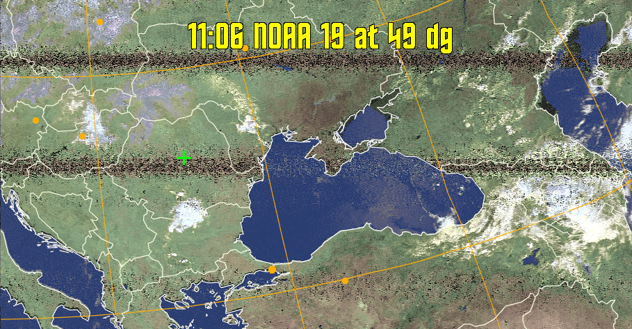 HVCT:
Similar to HVC, but with blue water and with colours more indicative of
land temperatures.
HVC:
Creates a false colour image from NOAA APT images based on temperature using
the HVC colour model. Uses the temperature derived from the sensor 4 image to
select the hue and the brightness from the histogram equalised other image to
select the value and chroma. The HVC colour model attempts to ensure that different colours at the same value will appear to the eye to be the same brightness
and the spacing between colours representing each degree will appear to the eye to
be similar. Bright areas are completely unsaturated in this model.