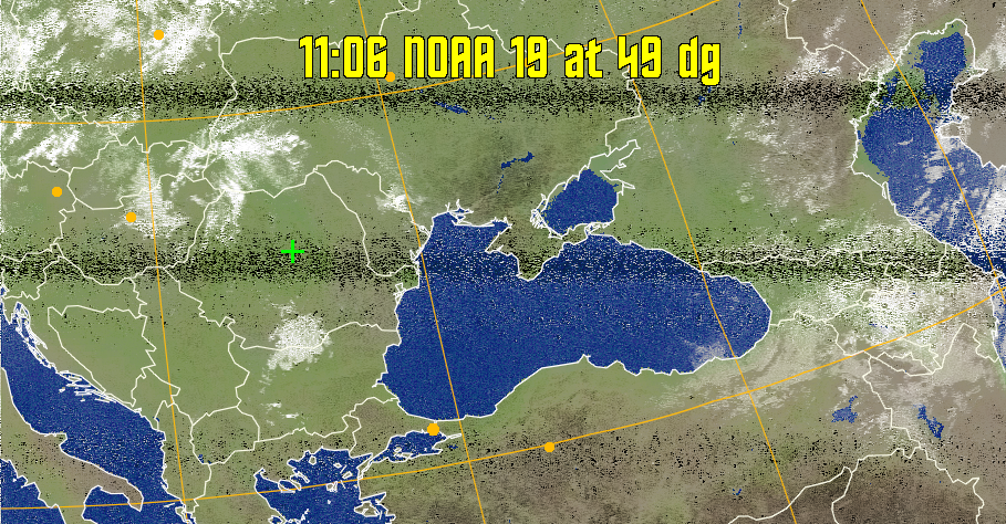MCIR-precip: 
Colours the NOAA sensor 4 IR image using a map to colour the sea blue and land
green. High clouds appear white, lower clouds gray or land/sea coloured, clouds
generally appear lighter, but distinguishing between land/sea and low cloud may
be difficult. Darker colours indicate warmer regions.