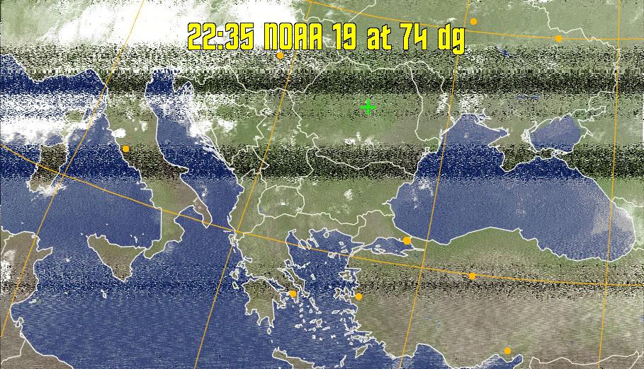 MCIR-precip: 
Colours the NOAA sensor 4 IR image using a map to colour the sea blue and land
green. High clouds appear white, lower clouds gray or land/sea coloured, clouds
generally appear lighter, but distinguishing between land/sea and low cloud may
be difficult. Darker colours indicate warmer regions.