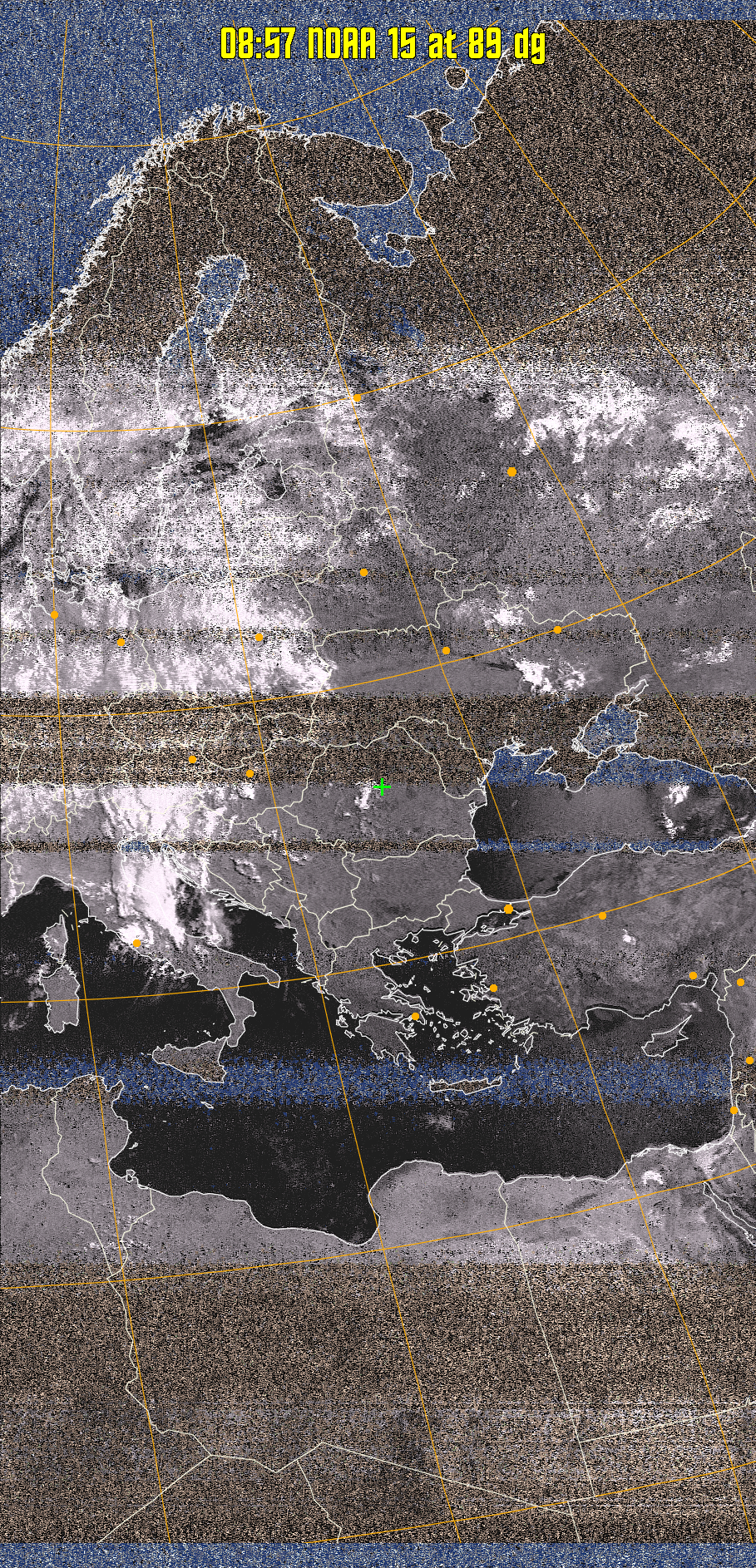 HVCT:
Similar to HVC, but with blue water and with colours more indicative of
land temperatures.
HVC:
Creates a false colour image from NOAA APT images based on temperature using
the HVC colour model. Uses the temperature derived from the sensor 4 image to
select the hue and the brightness from the histogram equalised other image to
select the value and chroma. The HVC colour model attempts to ensure that different colours at the same value will appear to the eye to be the same brightness
and the spacing between colours representing each degree will appear to the eye to
be similar. Bright areas are completely unsaturated in this model.