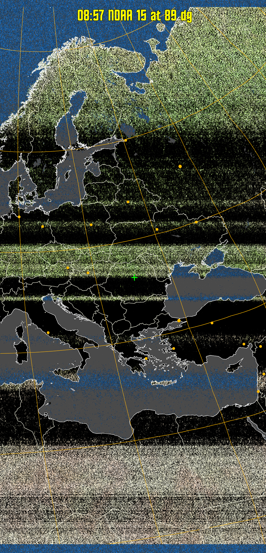 MCIR-precip: 
Colours the NOAA sensor 4 IR image using a map to colour the sea blue and land
green. High clouds appear white, lower clouds gray or land/sea coloured, clouds
generally appear lighter, but distinguishing between land/sea and low cloud may
be difficult. Darker colours indicate warmer regions.