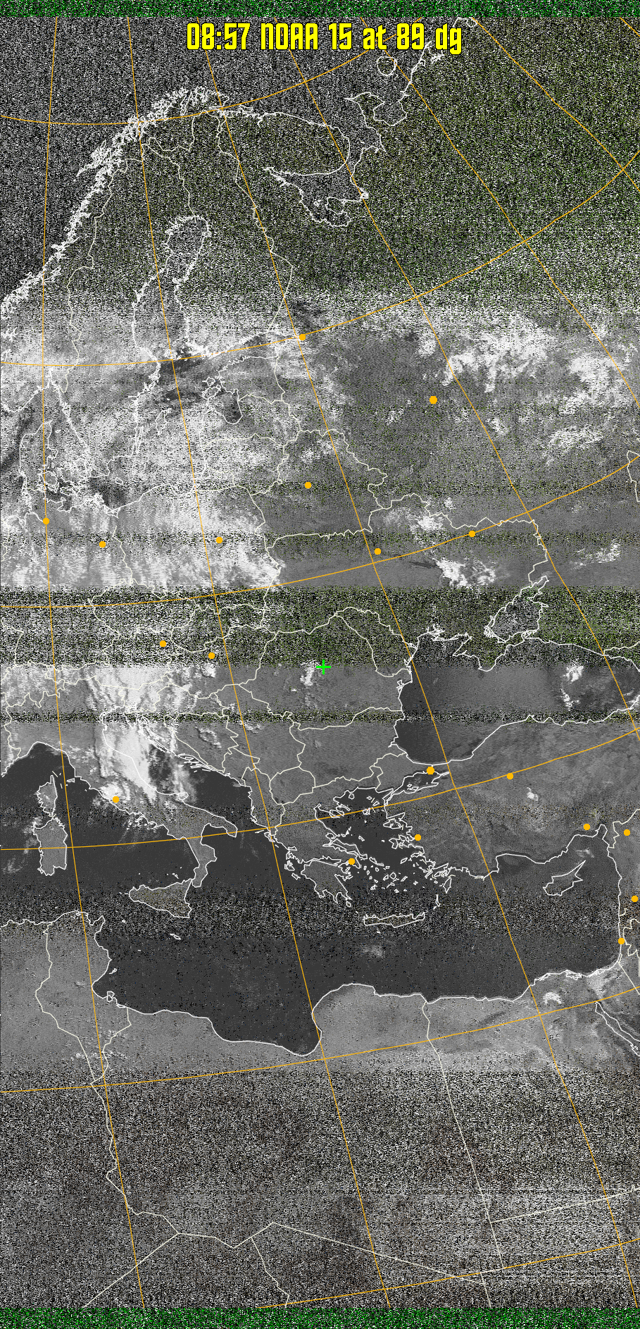 MSA-precip:
Same as MSA multispectral analysis, but high cold cloud tops are coloured the
same as the NO enhancement to give an approximate indication of the probability
and intensity of precipitation.