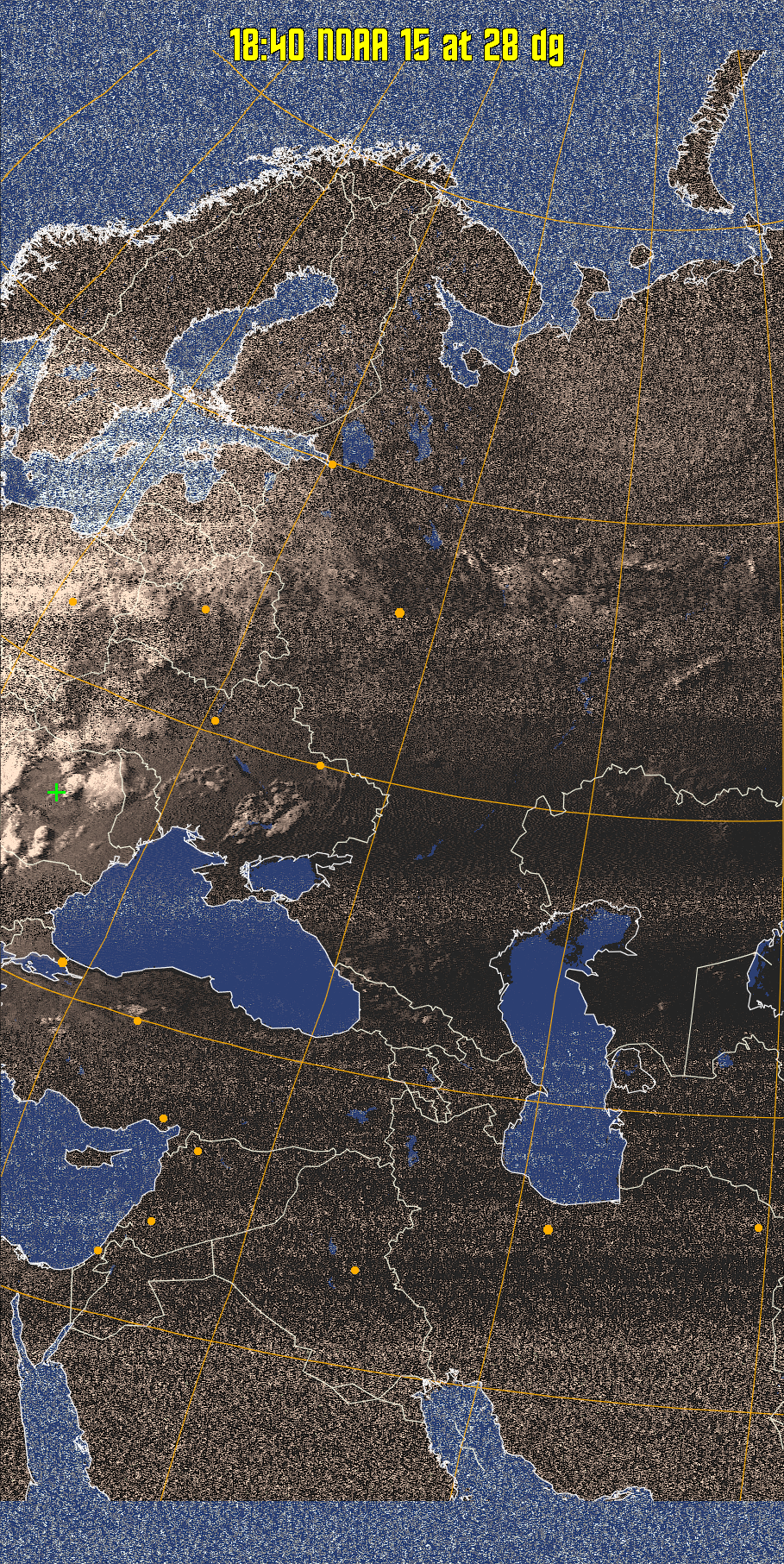 HVCT:
Similar to HVC, but with blue water and with colours more indicative of
land temperatures.
HVC:
Creates a false colour image from NOAA APT images based on temperature using
the HVC colour model. Uses the temperature derived from the sensor 4 image to
select the hue and the brightness from the histogram equalised other image to
select the value and chroma. The HVC colour model attempts to ensure that different colours at the same value will appear to the eye to be the same brightness
and the spacing between colours representing each degree will appear to the eye to
be similar. Bright areas are completely unsaturated in this model.