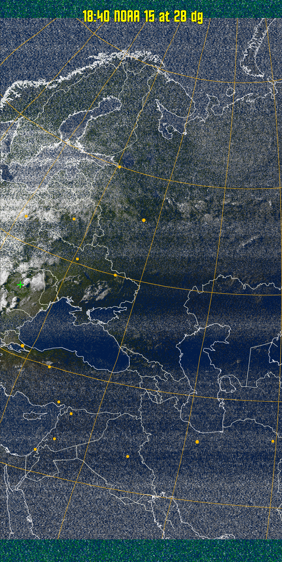 MSA-precip:
Same as MSA multispectral analysis, but high cold cloud tops are coloured the
same as the NO enhancement to give an approximate indication of the probability
and intensity of precipitation.
