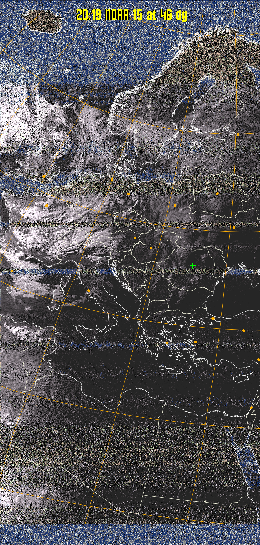 HVCT:
Similar to HVC, but with blue water and with colours more indicative of
land temperatures.
HVC:
Creates a false colour image from NOAA APT images based on temperature using
the HVC colour model. Uses the temperature derived from the sensor 4 image to
select the hue and the brightness from the histogram equalised other image to
select the value and chroma. The HVC colour model attempts to ensure that different colours at the same value will appear to the eye to be the same brightness
and the spacing between colours representing each degree will appear to the eye to
be similar. Bright areas are completely unsaturated in this model.
