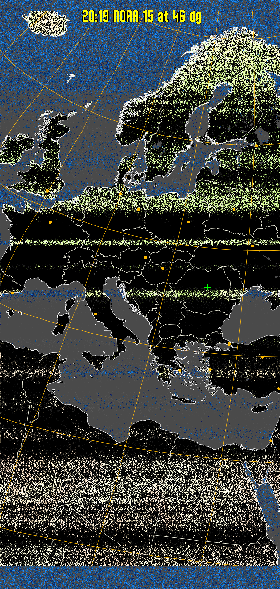 MCIR-precip: 
Colours the NOAA sensor 4 IR image using a map to colour the sea blue and land
green. High clouds appear white, lower clouds gray or land/sea coloured, clouds
generally appear lighter, but distinguishing between land/sea and low cloud may
be difficult. Darker colours indicate warmer regions.