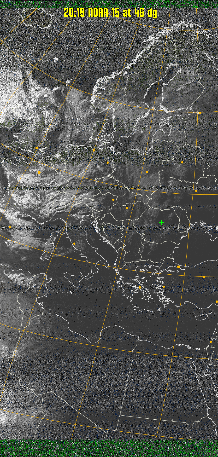 MSA-precip:
Same as MSA multispectral analysis, but high cold cloud tops are coloured the
same as the NO enhancement to give an approximate indication of the probability
and intensity of precipitation.