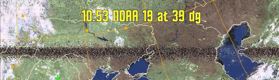 HVCT:
Similar to HVC, but with blue water and with colours more indicative of
land temperatures.
HVC:
Creates a false colour image from NOAA APT images based on temperature using
the HVC colour model. Uses the temperature derived from the sensor 4 image to
select the hue and the brightness from the histogram equalised other image to
select the value and chroma. The HVC colour model attempts to ensure that different colours at the same value will appear to the eye to be the same brightness
and the spacing between colours representing each degree will appear to the eye to
be similar. Bright areas are completely unsaturated in this model.
