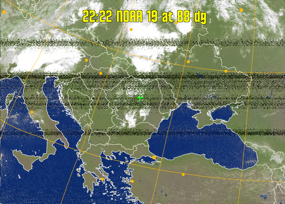MCIR-precip: 
Colours the NOAA sensor 4 IR image using a map to colour the sea blue and land
green. High clouds appear white, lower clouds gray or land/sea coloured, clouds
generally appear lighter, but distinguishing between land/sea and low cloud may
be difficult. Darker colours indicate warmer regions.