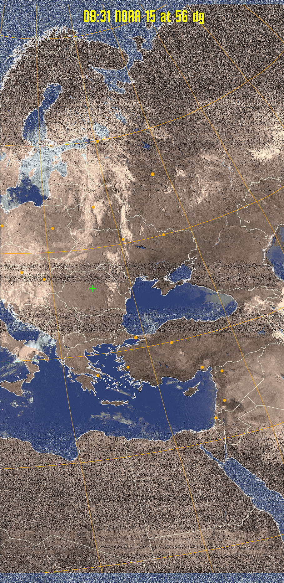 HVCT:
Similar to HVC, but with blue water and with colours more indicative of
land temperatures.
HVC:
Creates a false colour image from NOAA APT images based on temperature using
the HVC colour model. Uses the temperature derived from the sensor 4 image to
select the hue and the brightness from the histogram equalised other image to
select the value and chroma. The HVC colour model attempts to ensure that different colours at the same value will appear to the eye to be the same brightness
and the spacing between colours representing each degree will appear to the eye to
be similar. Bright areas are completely unsaturated in this model.