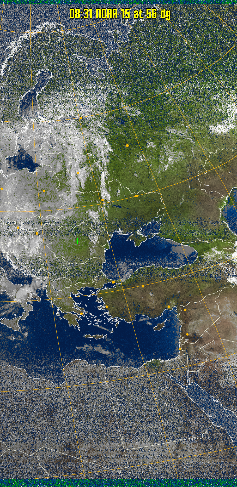 MSA-precip:
Same as MSA multispectral analysis, but high cold cloud tops are coloured the
same as the NO enhancement to give an approximate indication of the probability
and intensity of precipitation.