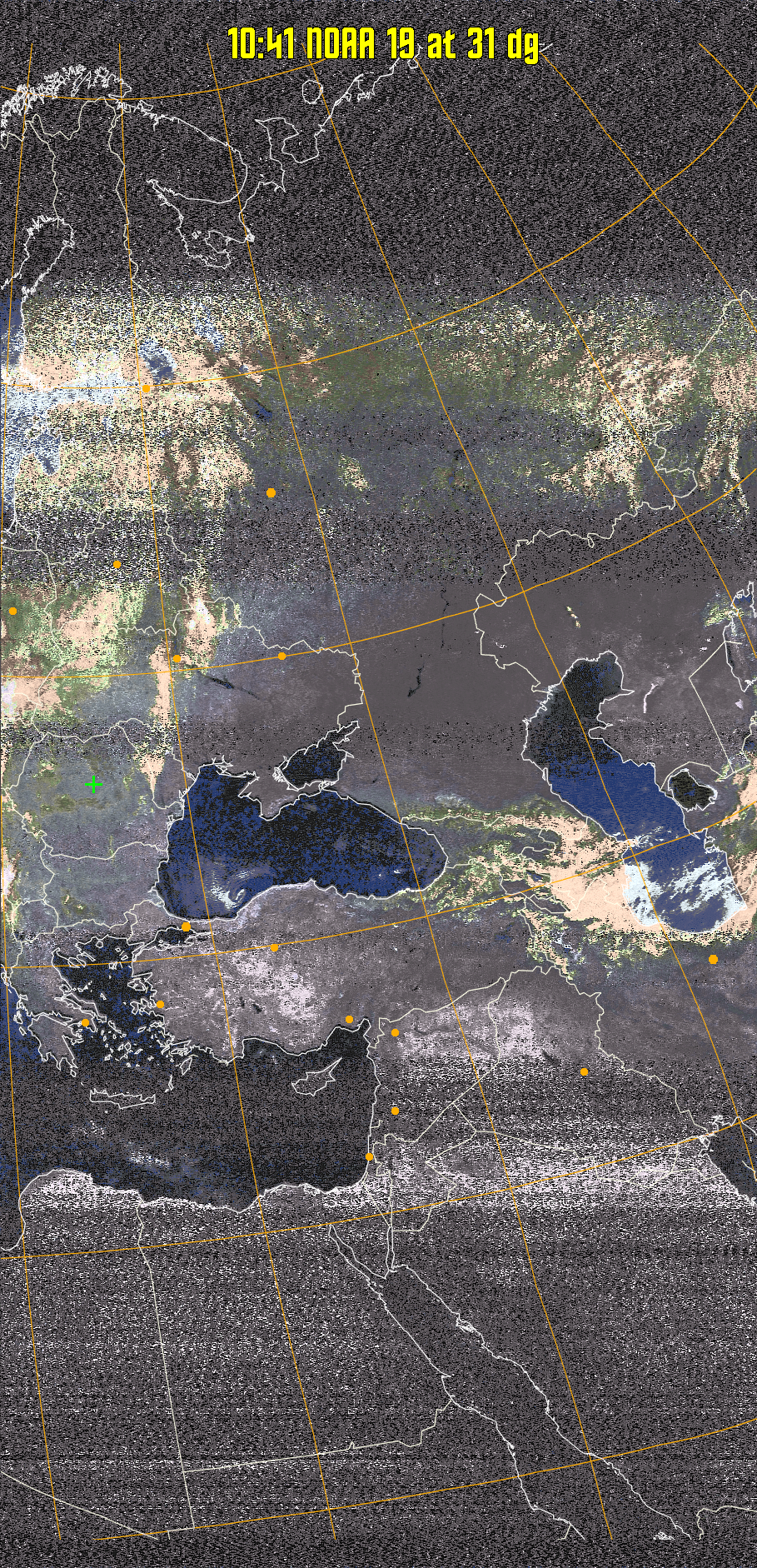 HVCT:
Similar to HVC, but with blue water and with colours more indicative of
land temperatures.
HVC:
Creates a false colour image from NOAA APT images based on temperature using
the HVC colour model. Uses the temperature derived from the sensor 4 image to
select the hue and the brightness from the histogram equalised other image to
select the value and chroma. The HVC colour model attempts to ensure that different colours at the same value will appear to the eye to be the same brightness
and the spacing between colours representing each degree will appear to the eye to
be similar. Bright areas are completely unsaturated in this model.