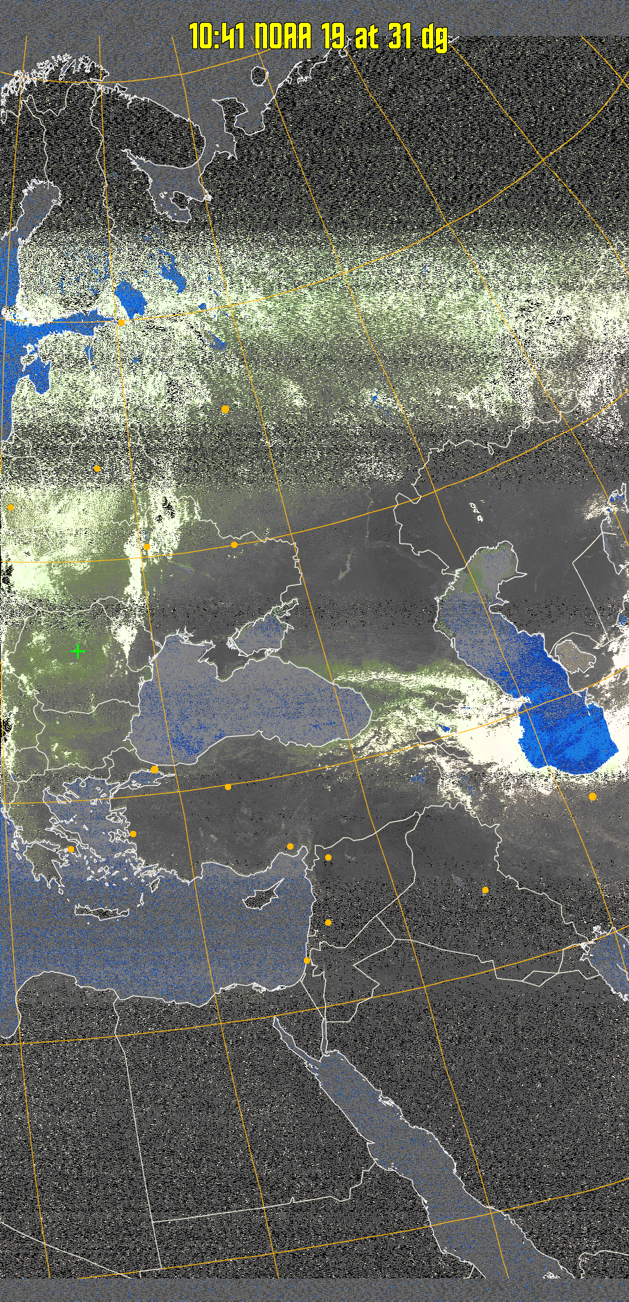 MCIR-precip: 
Colours the NOAA sensor 4 IR image using a map to colour the sea blue and land
green. High clouds appear white, lower clouds gray or land/sea coloured, clouds
generally appear lighter, but distinguishing between land/sea and low cloud may
be difficult. Darker colours indicate warmer regions.