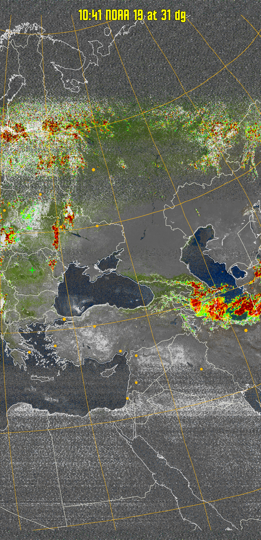 MSA-precip:
Same as MSA multispectral analysis, but high cold cloud tops are coloured the
same as the NO enhancement to give an approximate indication of the probability
and intensity of precipitation.