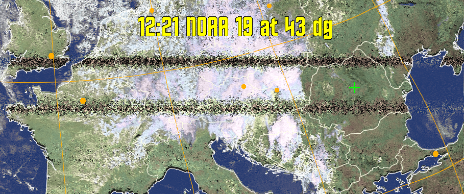 HVCT:
Similar to HVC, but with blue water and with colours more indicative of
land temperatures.
HVC:
Creates a false colour image from NOAA APT images based on temperature using
the HVC colour model. Uses the temperature derived from the sensor 4 image to
select the hue and the brightness from the histogram equalised other image to
select the value and chroma. The HVC colour model attempts to ensure that different colours at the same value will appear to the eye to be the same brightness
and the spacing between colours representing each degree will appear to the eye to
be similar. Bright areas are completely unsaturated in this model.