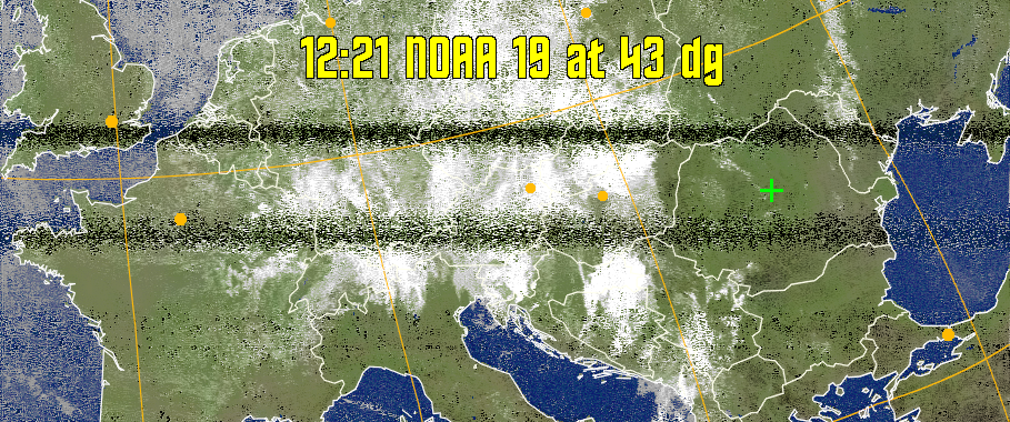 MCIR-precip: 
Colours the NOAA sensor 4 IR image using a map to colour the sea blue and land
green. High clouds appear white, lower clouds gray or land/sea coloured, clouds
generally appear lighter, but distinguishing between land/sea and low cloud may
be difficult. Darker colours indicate warmer regions.
