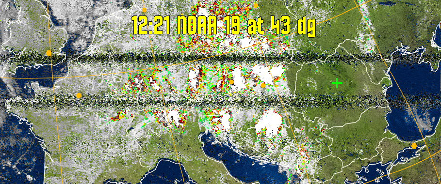 MSA-precip:
Same as MSA multispectral analysis, but high cold cloud tops are coloured the
same as the NO enhancement to give an approximate indication of the probability
and intensity of precipitation.