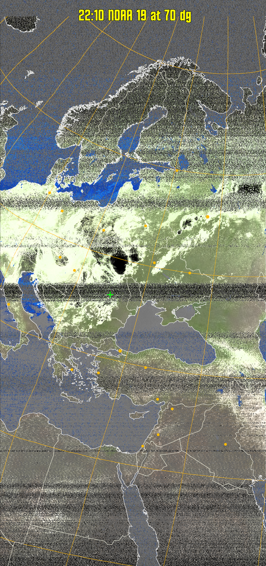 MCIR-precip: 
Colours the NOAA sensor 4 IR image using a map to colour the sea blue and land
green. High clouds appear white, lower clouds gray or land/sea coloured, clouds
generally appear lighter, but distinguishing between land/sea and low cloud may
be difficult. Darker colours indicate warmer regions.