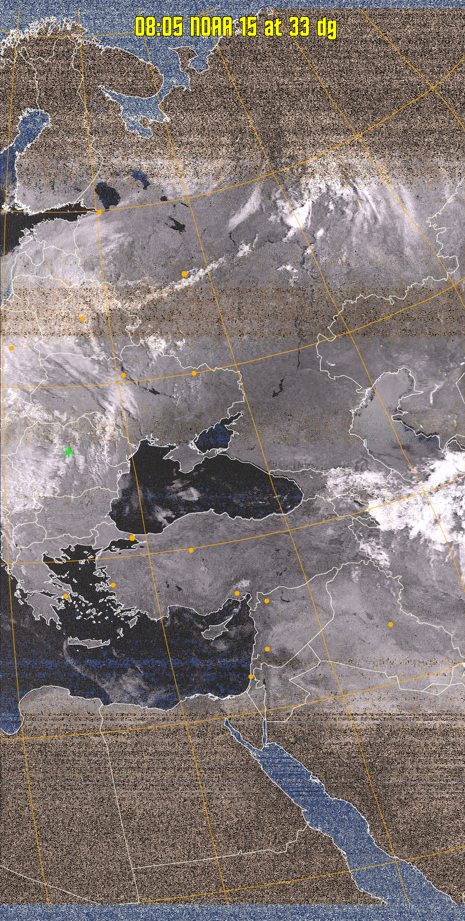 HVCT:
Similar to HVC, but with blue water and with colours more indicative of
land temperatures.
HVC:
Creates a false colour image from NOAA APT images based on temperature using
the HVC colour model. Uses the temperature derived from the sensor 4 image to
select the hue and the brightness from the histogram equalised other image to
select the value and chroma. The HVC colour model attempts to ensure that different colours at the same value will appear to the eye to be the same brightness
and the spacing between colours representing each degree will appear to the eye to
be similar. Bright areas are completely unsaturated in this model.