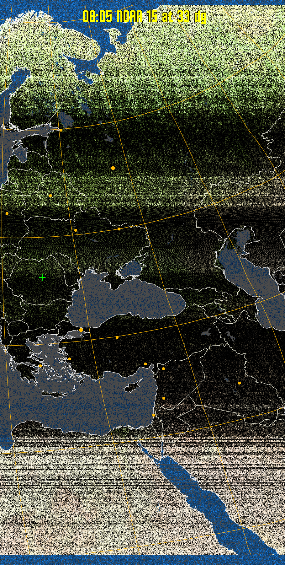 MCIR-precip: 
Colours the NOAA sensor 4 IR image using a map to colour the sea blue and land
green. High clouds appear white, lower clouds gray or land/sea coloured, clouds
generally appear lighter, but distinguishing between land/sea and low cloud may
be difficult. Darker colours indicate warmer regions.