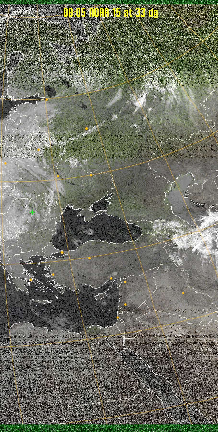 MSA-precip:
Same as MSA multispectral analysis, but high cold cloud tops are coloured the
same as the NO enhancement to give an approximate indication of the probability
and intensity of precipitation.