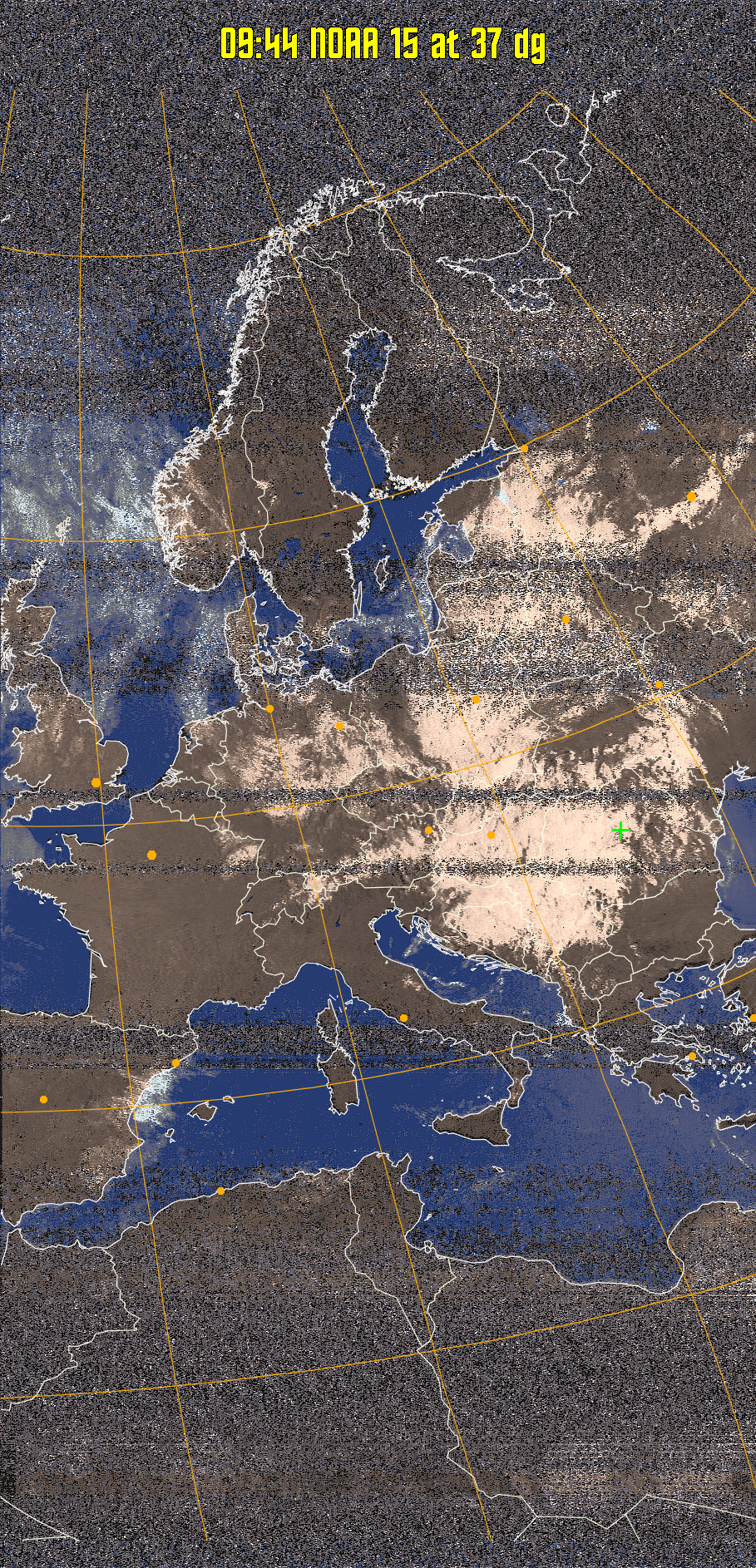 HVCT:
Similar to HVC, but with blue water and with colours more indicative of
land temperatures.
HVC:
Creates a false colour image from NOAA APT images based on temperature using
the HVC colour model. Uses the temperature derived from the sensor 4 image to
select the hue and the brightness from the histogram equalised other image to
select the value and chroma. The HVC colour model attempts to ensure that different colours at the same value will appear to the eye to be the same brightness
and the spacing between colours representing each degree will appear to the eye to
be similar. Bright areas are completely unsaturated in this model.
