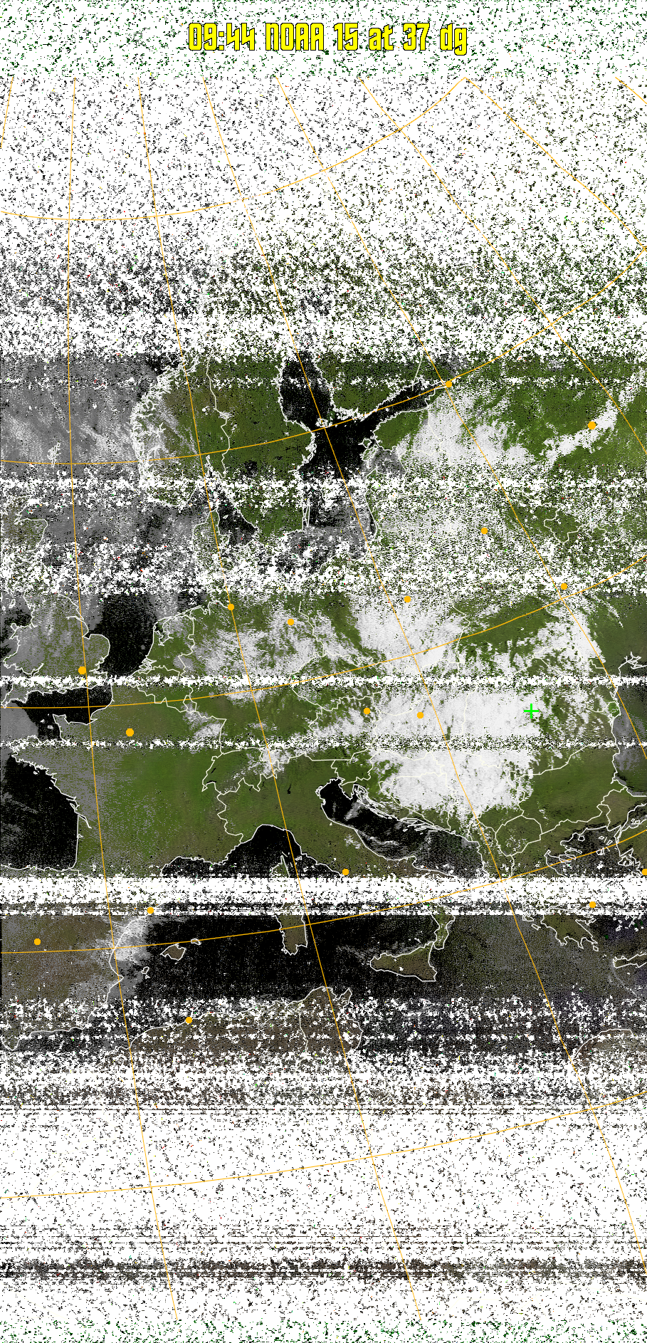 MSA-precip:
Same as MSA multispectral analysis, but high cold cloud tops are coloured the
same as the NO enhancement to give an approximate indication of the probability
and intensity of precipitation.