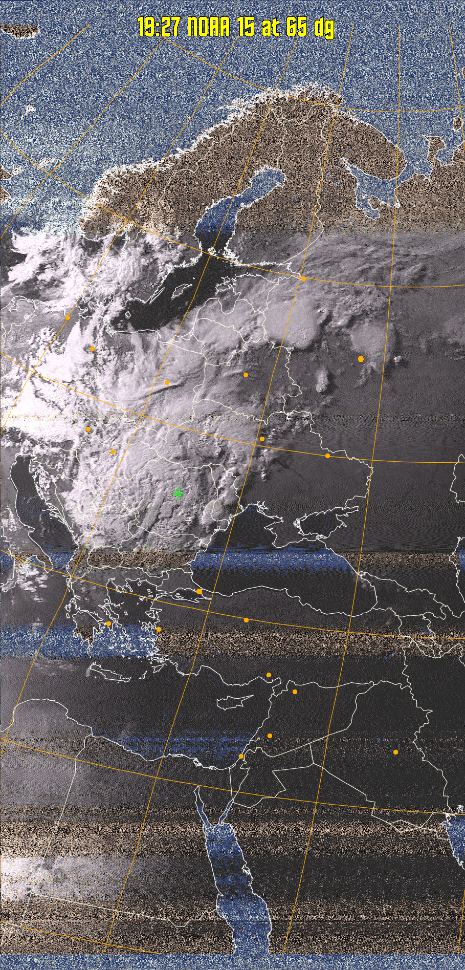 HVCT:
Similar to HVC, but with blue water and with colours more indicative of
land temperatures.
HVC:
Creates a false colour image from NOAA APT images based on temperature using
the HVC colour model. Uses the temperature derived from the sensor 4 image to
select the hue and the brightness from the histogram equalised other image to
select the value and chroma. The HVC colour model attempts to ensure that different colours at the same value will appear to the eye to be the same brightness
and the spacing between colours representing each degree will appear to the eye to
be similar. Bright areas are completely unsaturated in this model.